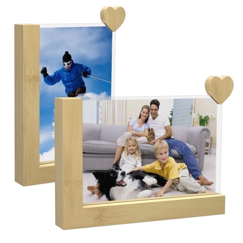 Brand New Set of 2 Bamboo Wood Photo Picture Frames Double-Sided 4"x6" L-Shaped